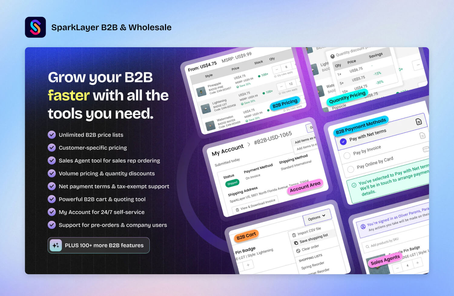 SparkLayer B2B ordering interface on a Shopify store